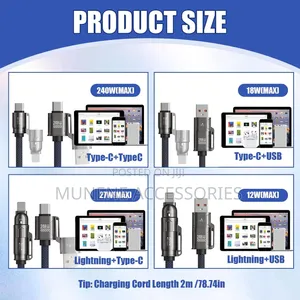 4in1 Multi Charger Cable LED Display 240W USB Fast Charging Cable 1.8M