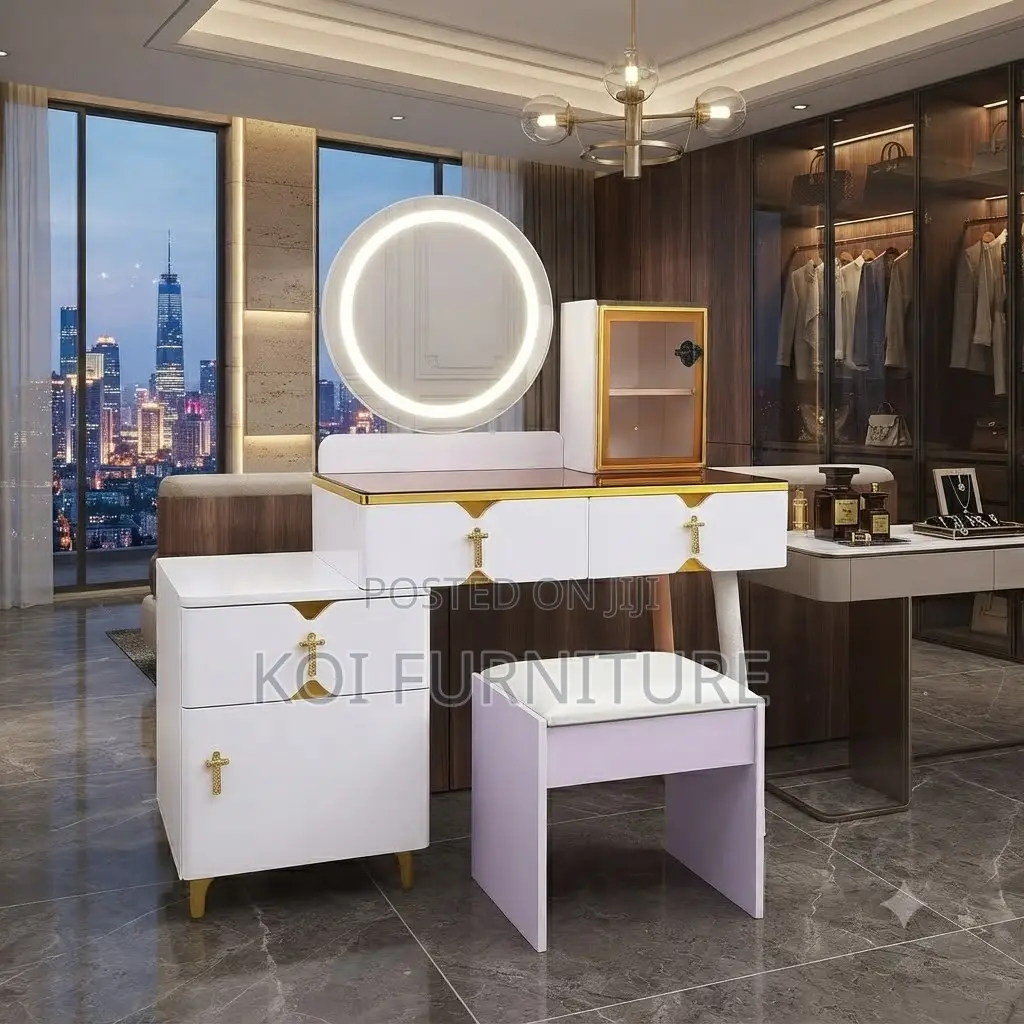 Dressersp; Brown- Golden Dressing Vanity Set With Lightings