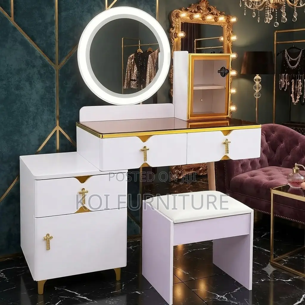 Dressersp; Brown- Golden Dressing Vanity Set With Lightings