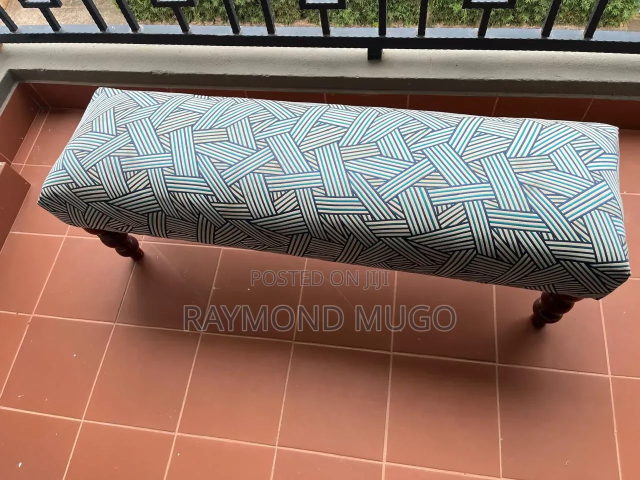 Blue Geometric Upholstered Ottoman