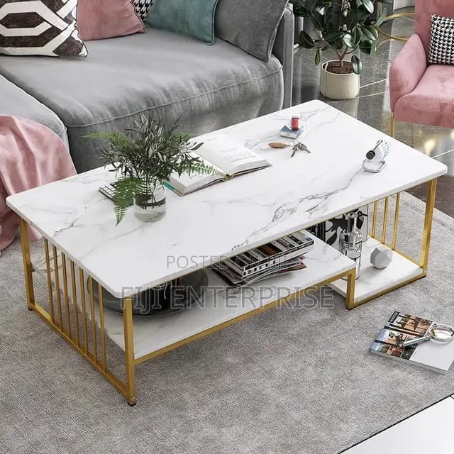 MDF Marble Effect Coffee Table With Gold Frame Lower Shelf
