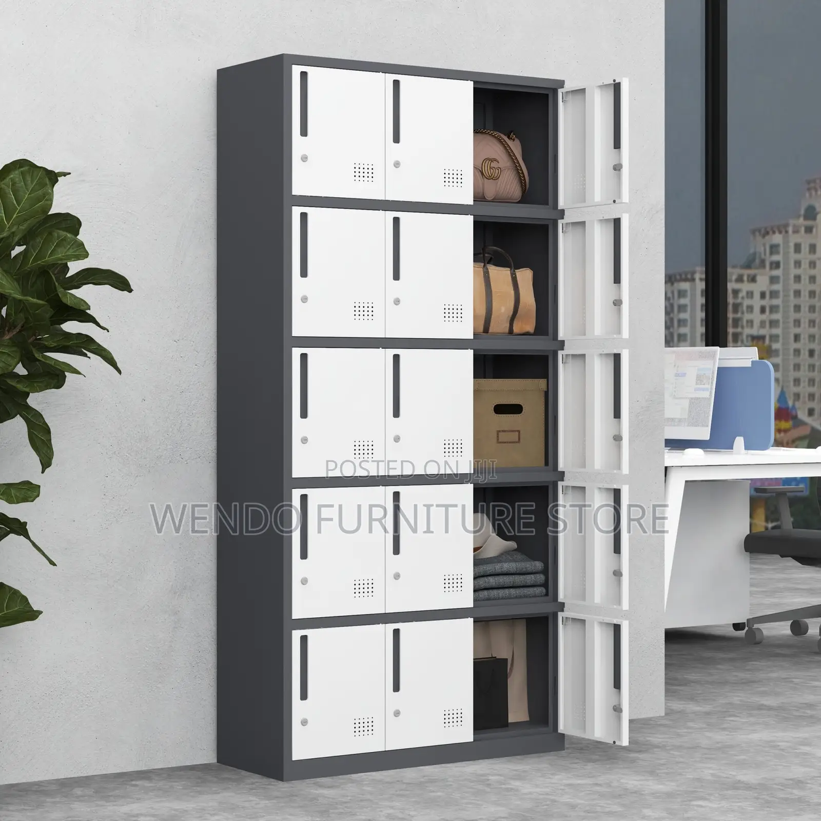 Office Cabinet; Fifteen Lockers Gray Executive File Office Gym Cabinet