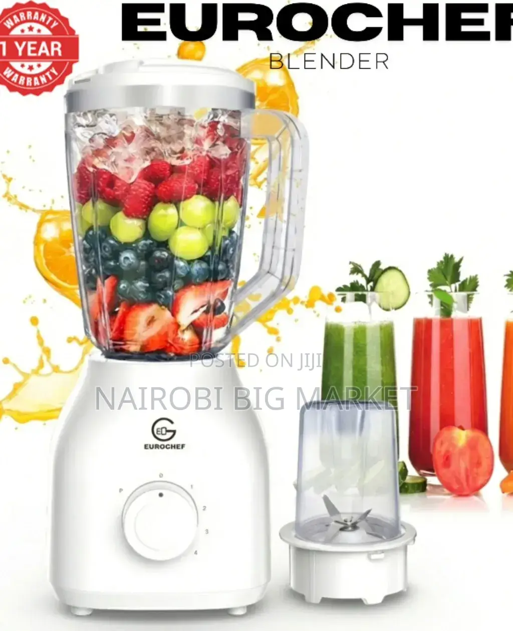 2 in 1 Eurochef 1.8 Liter With 4 Speed 3 Pin (With Fuse) Blender