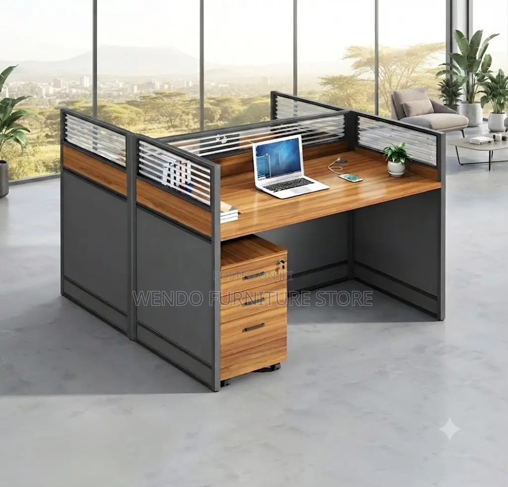 Office Workstation; Two Users Brown Privacy Partitioned Office Desk
