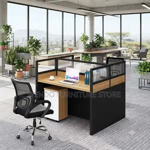 Office Workstation; Two Users Brown Privacy Partitioned Office Desk