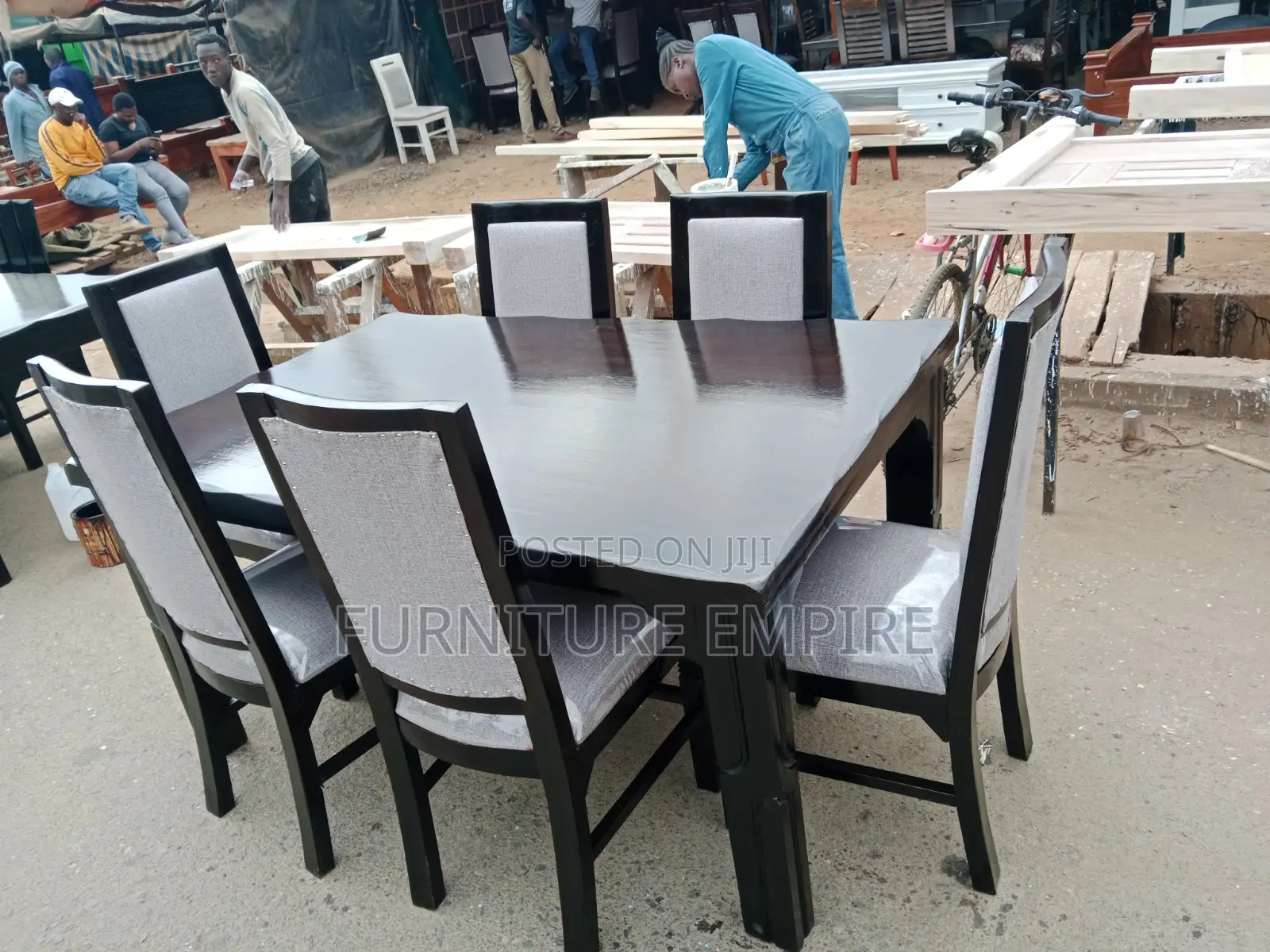6-Seater Dining Set — Glossy Dark Wood Gray Elegance
