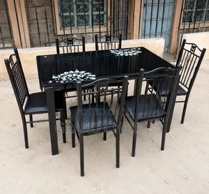 Modern 6-Seater Black Glass Dining Table Set