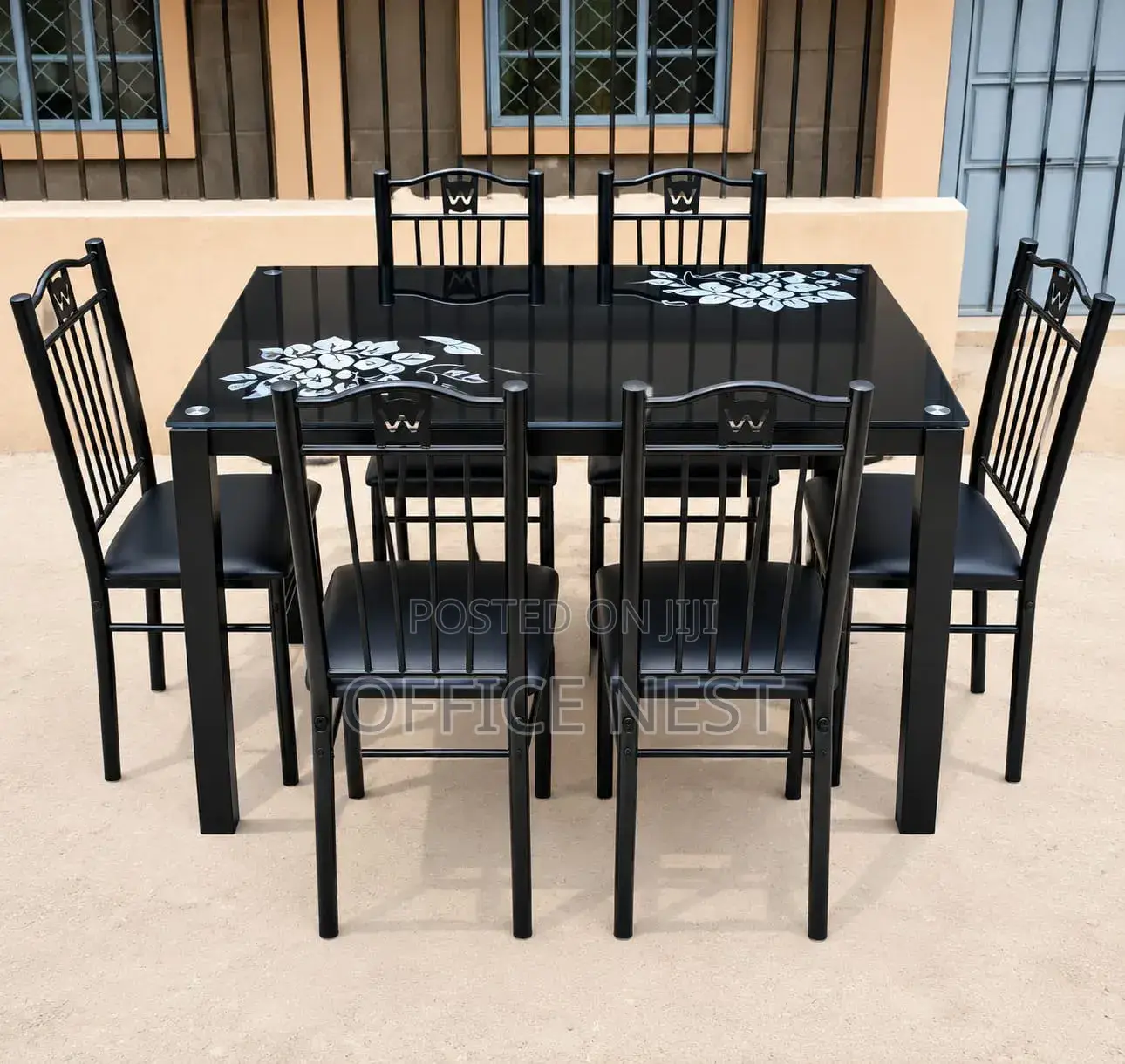 Modern 6-Seater Black Glass Dining Table Set