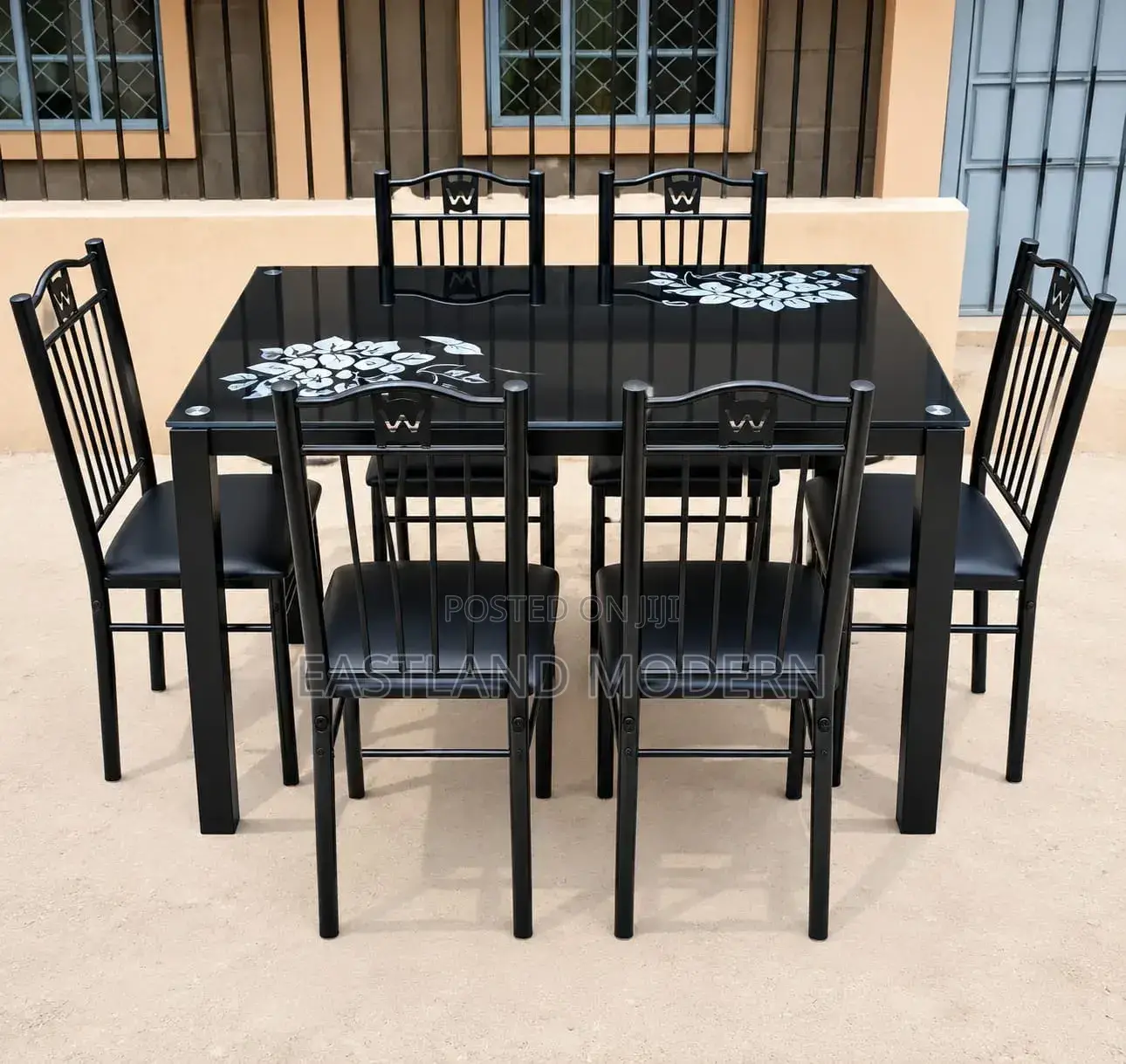 Modern 6-Seater Black Glass Dining Table Set