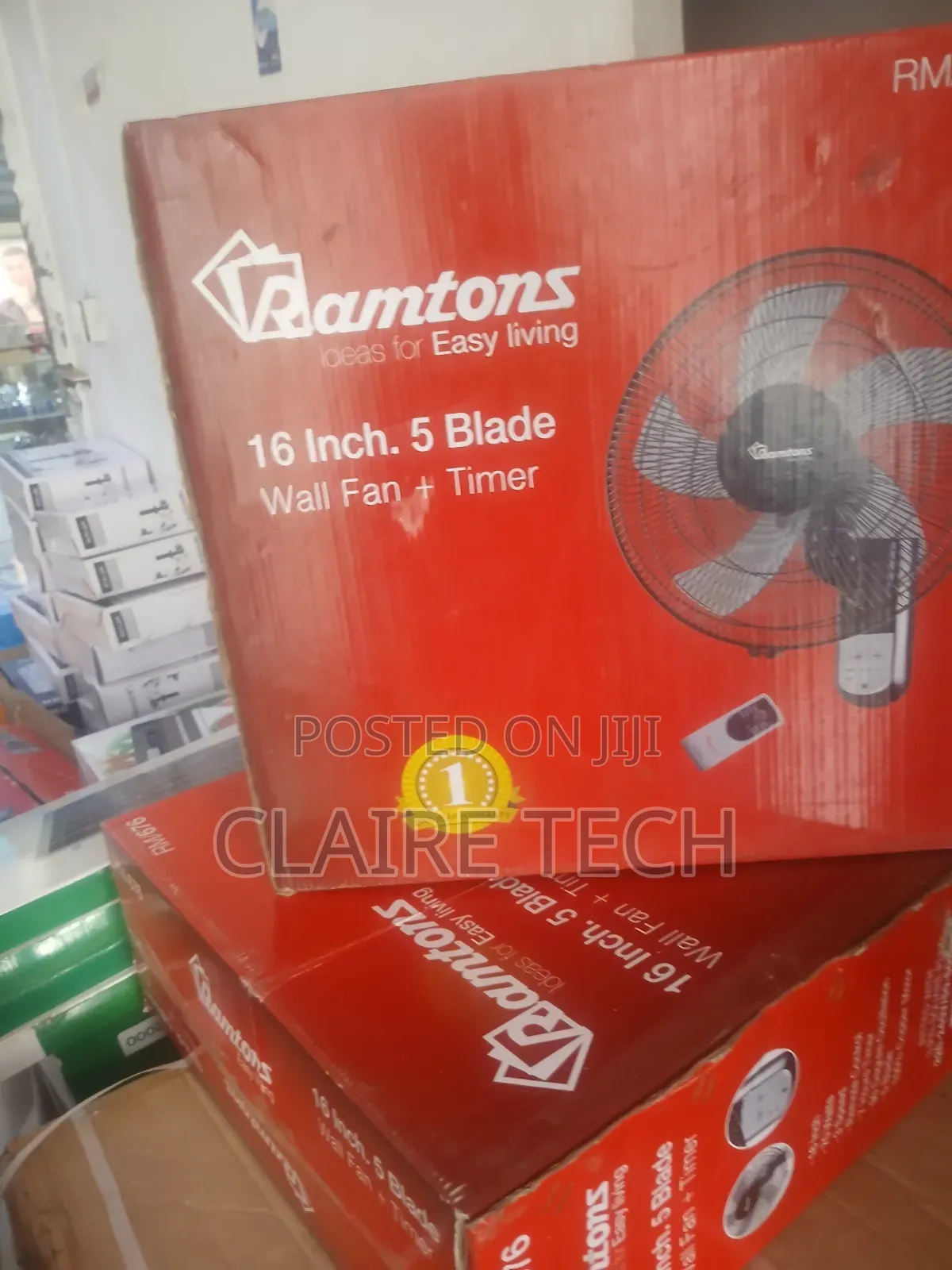 Ramtons RM676 16" Wall Mounted Fan – 5 Blades, 3 Speeds Remote