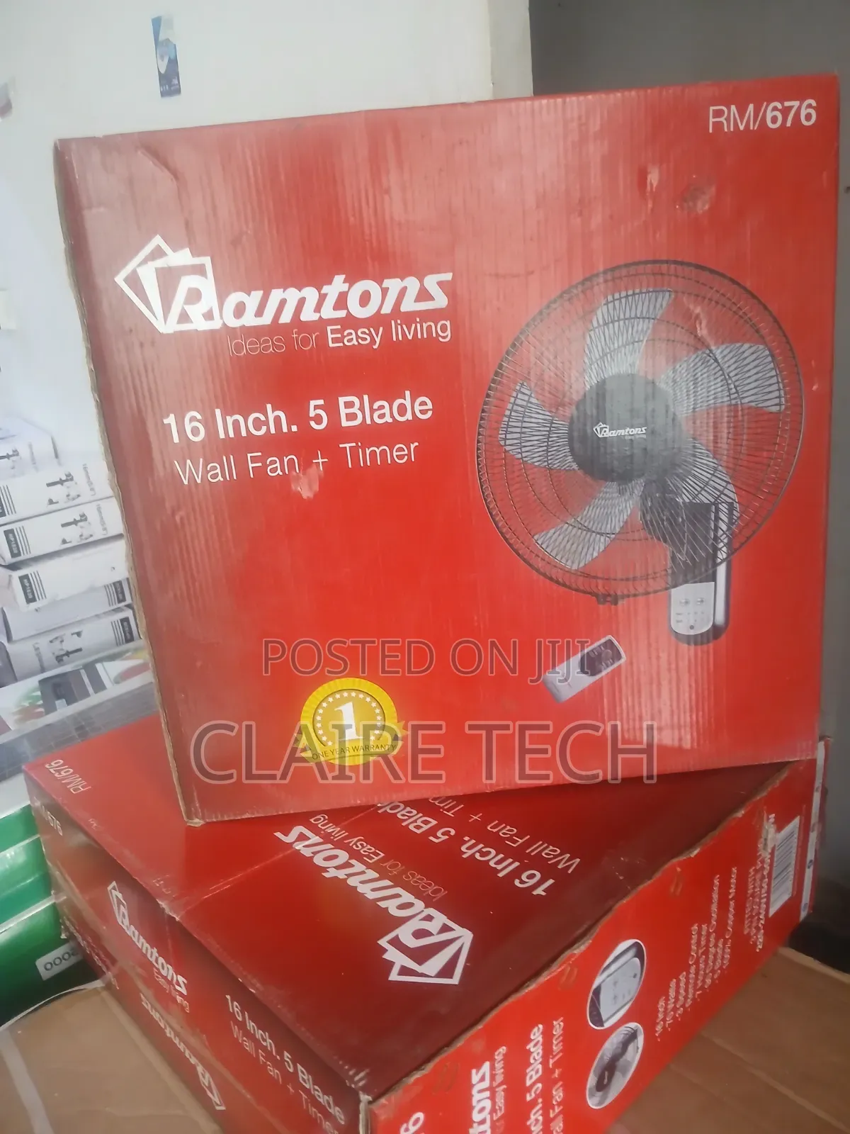 Ramtons RM676 16" Wall Mounted Fan – 5 Blades, 3 Speeds Remote
