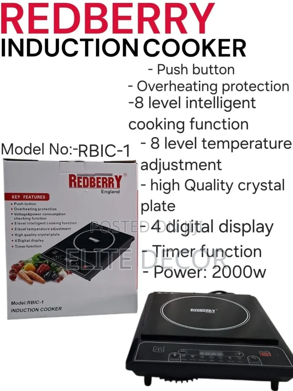 Redberry RBIC-1 2000W Induction Cooker With Digital Display Timer