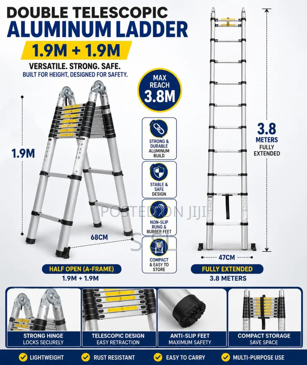 1.9m + 1.9m Double Telescopic Aluminium Ladder Kenya