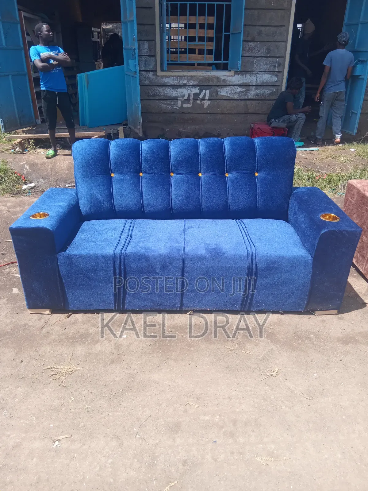 Royal Blue Tufted Sofa Set With Built-in Cup Holders