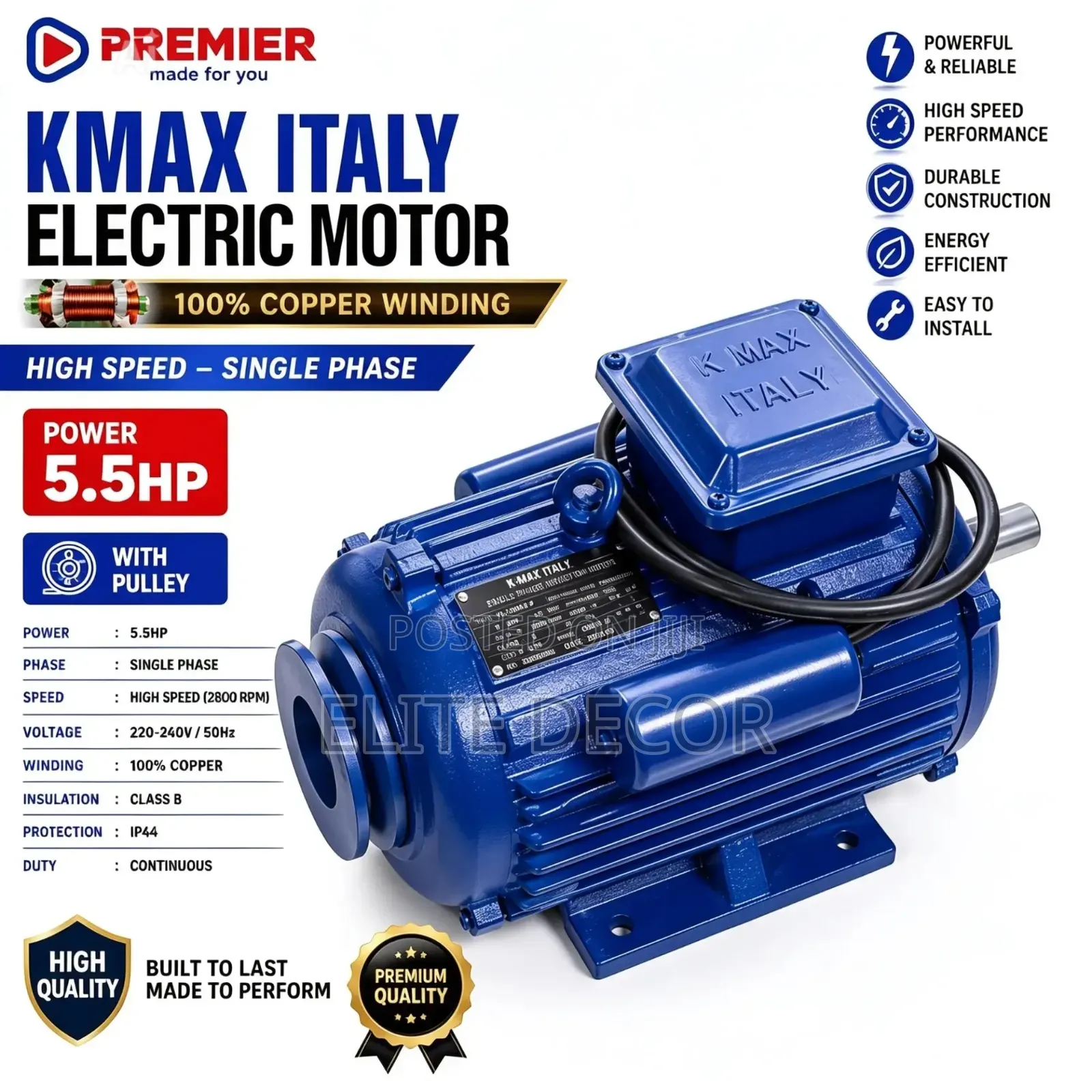 Kmax Italy 5.5HP Electric Motor – High Speed Single Phase Copper