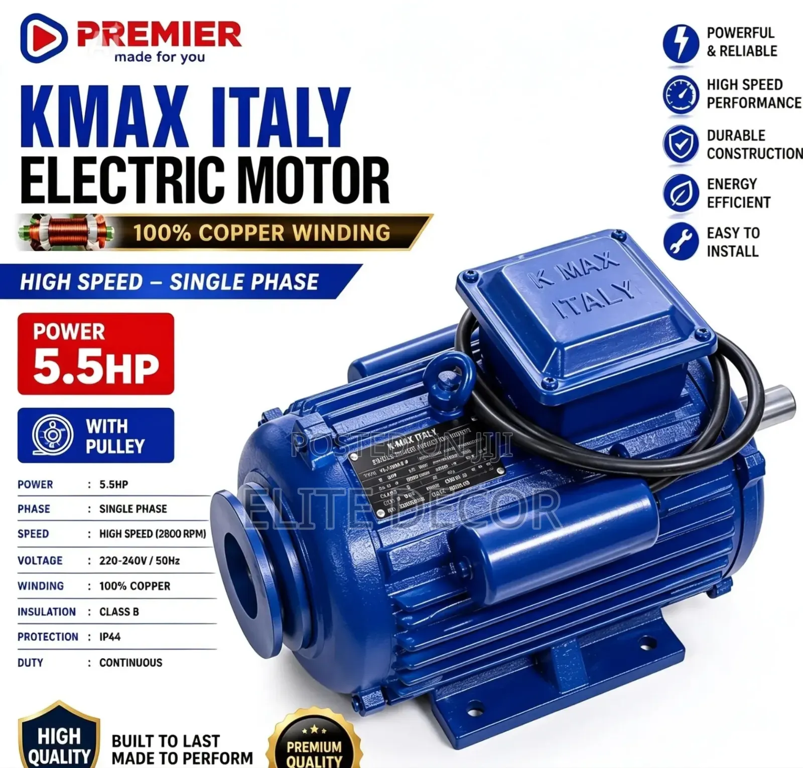 Kmax Italy 5.5HP Electric Motor – High Speed Single Phase Copper