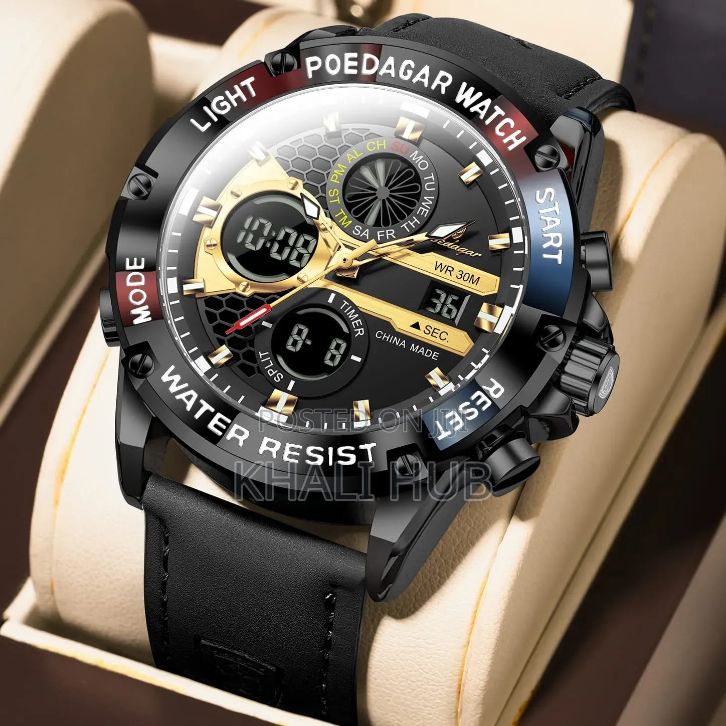 Poedagar Dual With Genuine Leather Straps Time Gents Watch E125