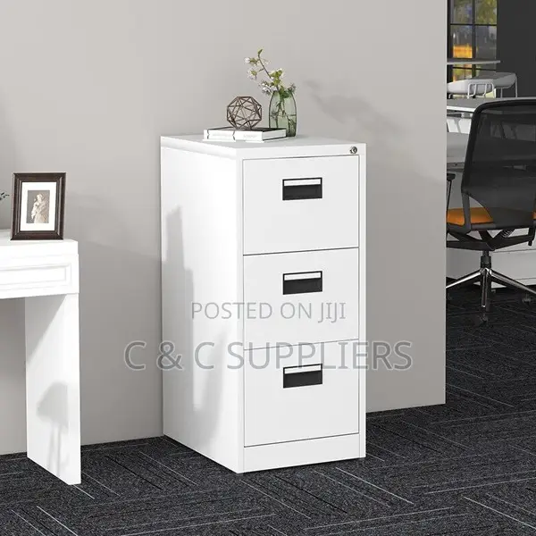 3-Drawer White Metal File Cabinet.