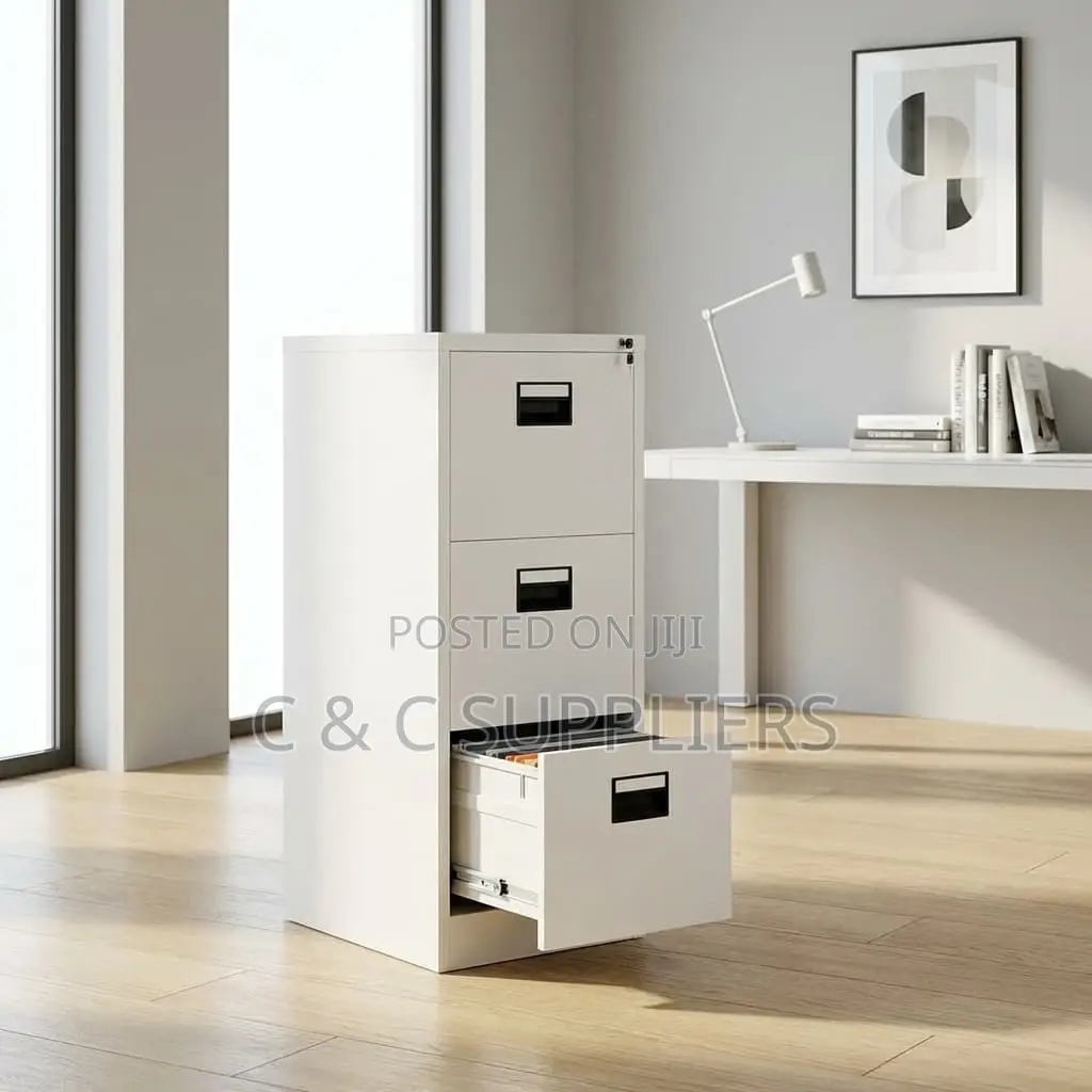 3-Drawer White Metal File Cabinet.