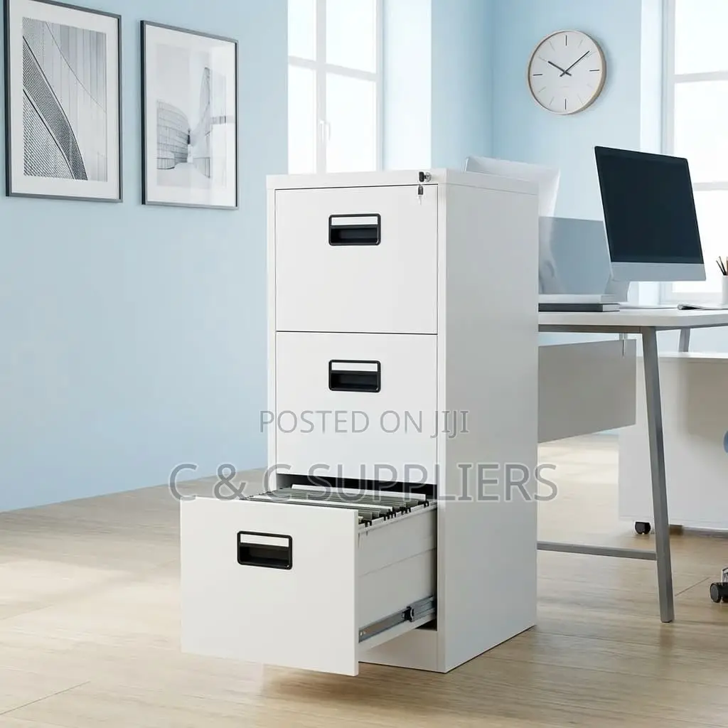 3-Drawer White Metal File Cabinet.