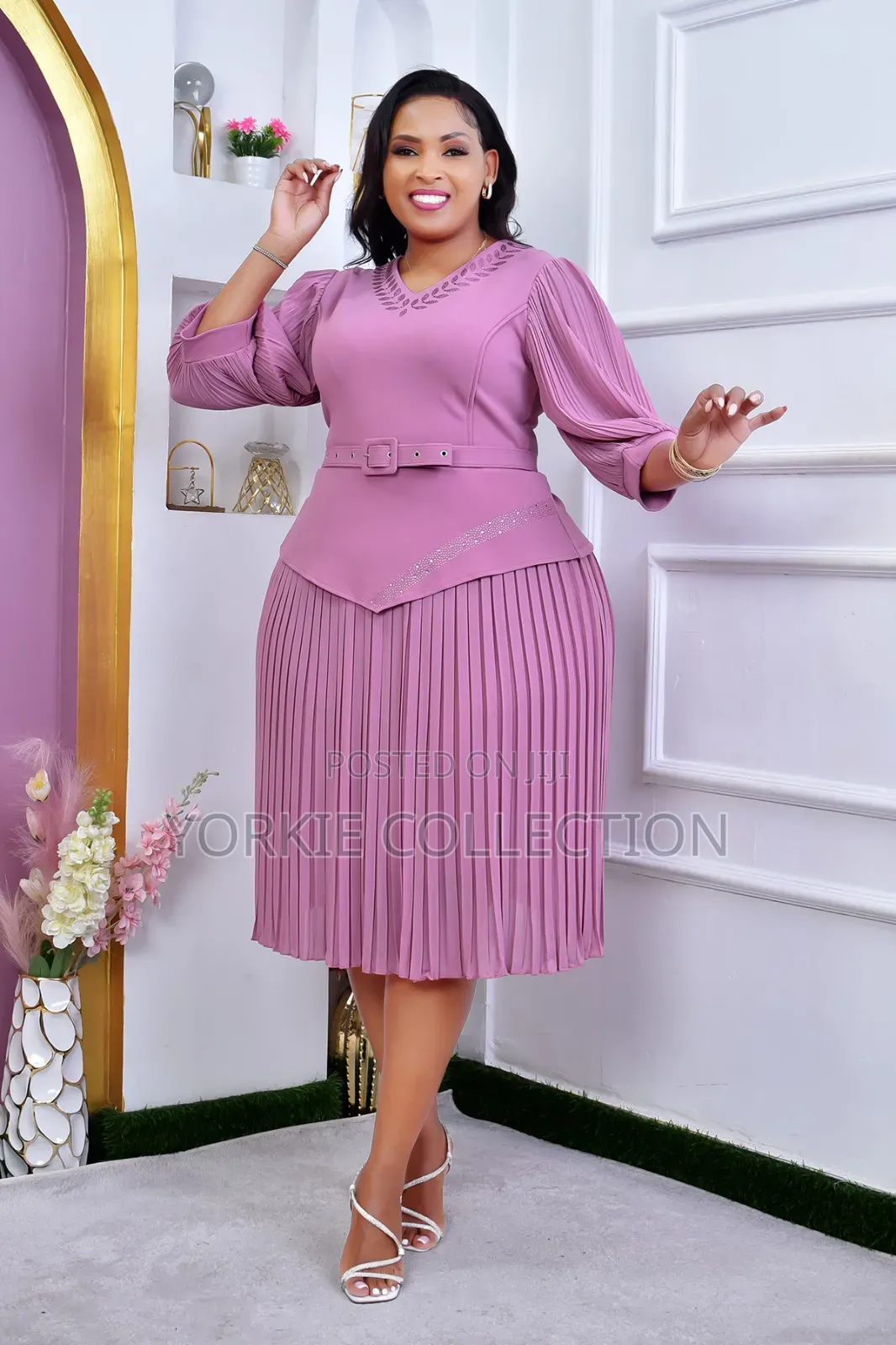 Pleated Belted Midi Dress
