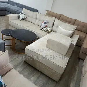 6-Seater L-Shaped Sofa — Beige Tufted Back With Footrest