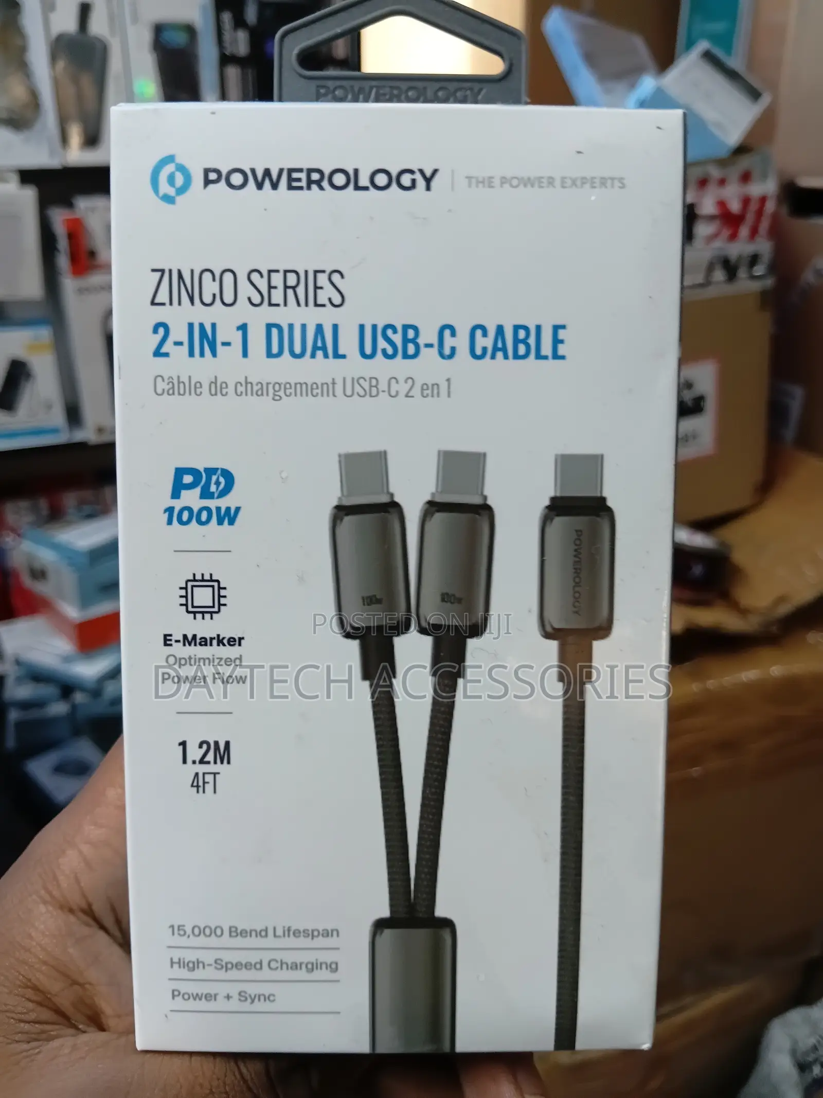 Powerology Zinco Series 2-in-1 Dual USB-C Cable in Dark Gray.