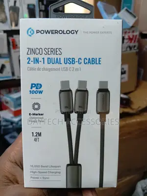 Powerology Zinco Series 2-in-1 Dual USB-C Cable in Dark Gray.