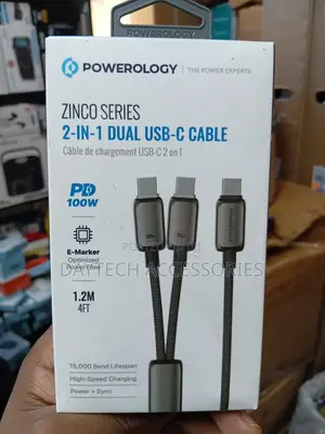 Powerology Zinco Series 2-in-1 Dual USB-C Cable in Dark Gray.