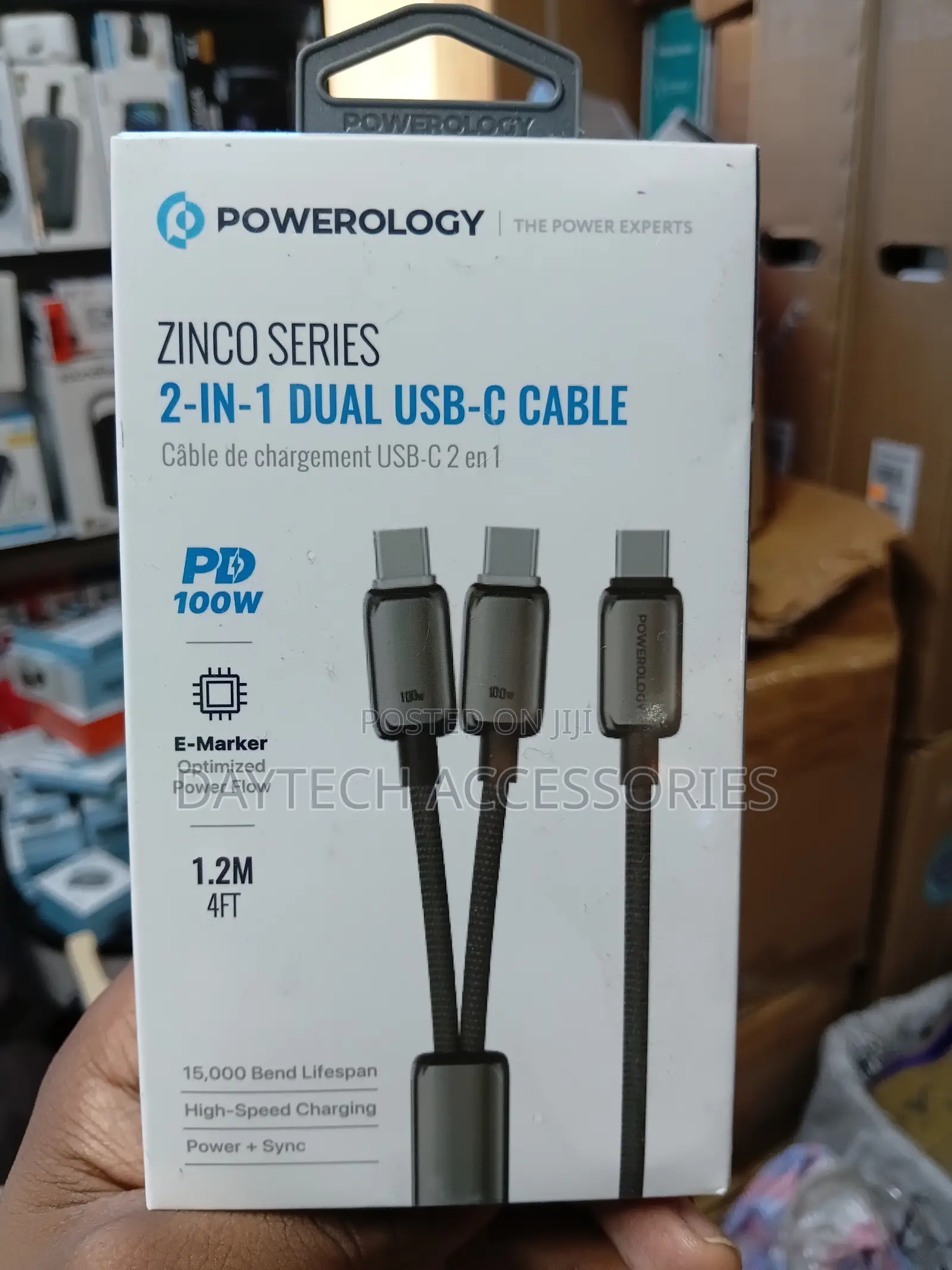 Powerology Zinco Series 100W 2-in-1 Dual USB-C Cable - Dark Gray