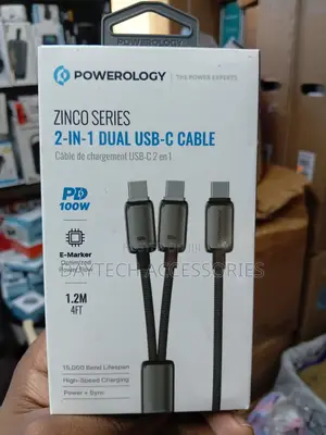 Powerology Zinco Series 100W 2-in-1 Dual USB-C Cable - Dark Gray