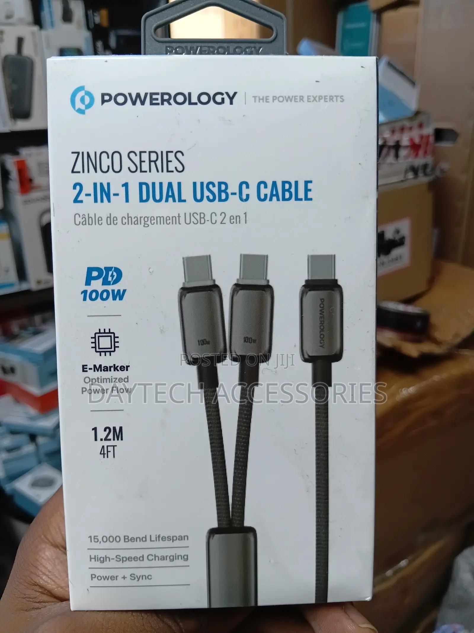 Powerology Zinco Series 100W 2-in-1 Dual USB-C Cable - Dark Gray