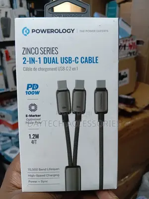 Powerology Zinco Series 100W 2-in-1 Dual USB-C Cable - Dark Gray