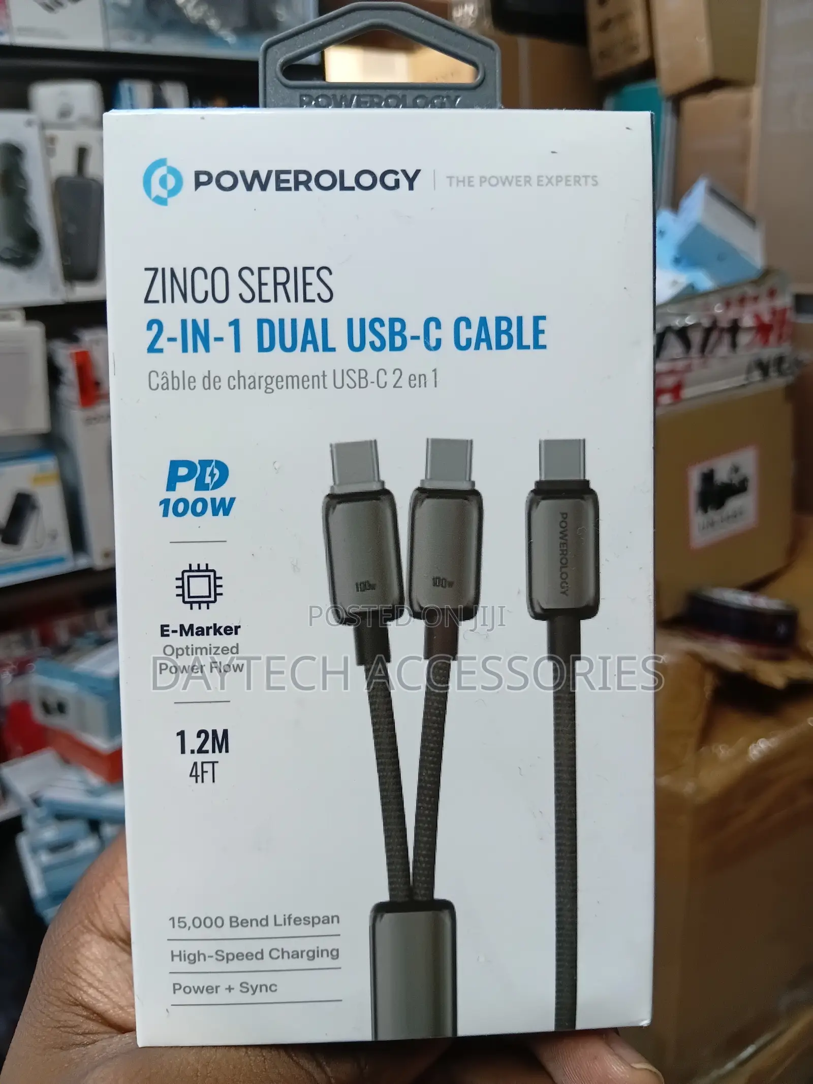 Powerology Zinco Series 2-in-1 Dual USB-C Cable 100W Charging Speed.