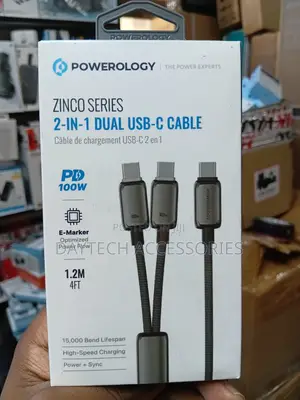 Powerology Zinco Series 2-in-1 Dual USB-C Cable 100W Charging Speed.