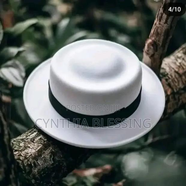 White Fedora Hat With Black Band Flat Top - main view