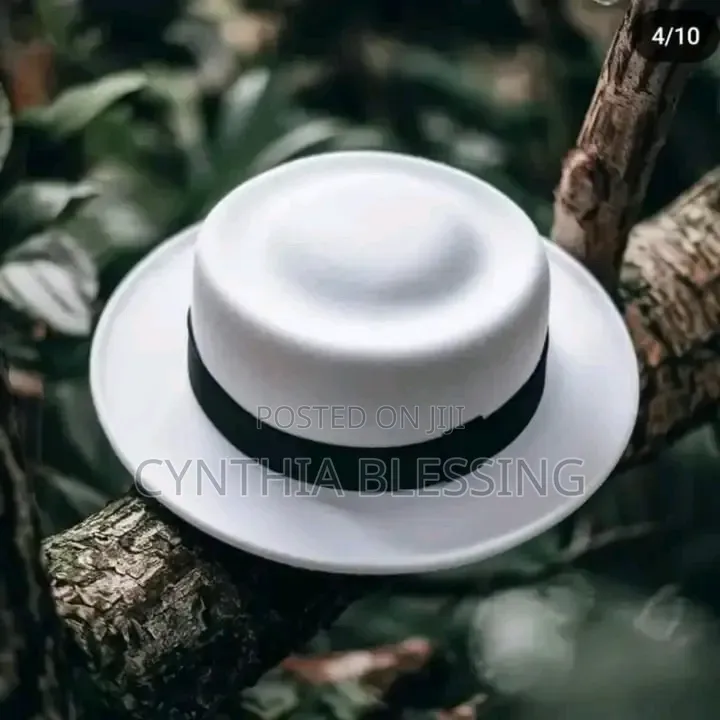White Fedora Hat With Black Band Flat Top