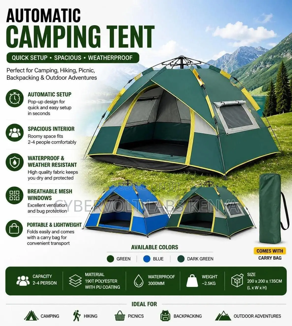 Automatic Waterproof Camping Tent for Hiking Travel Outdoor Use