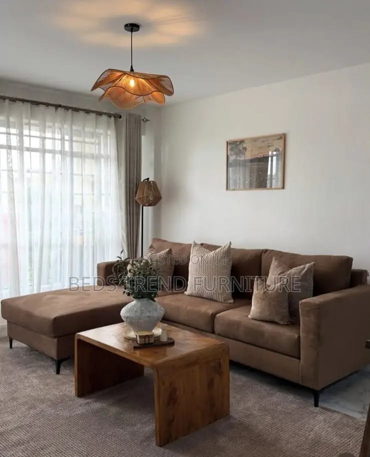 6-Seater L Seat Brown Fabric Sofa