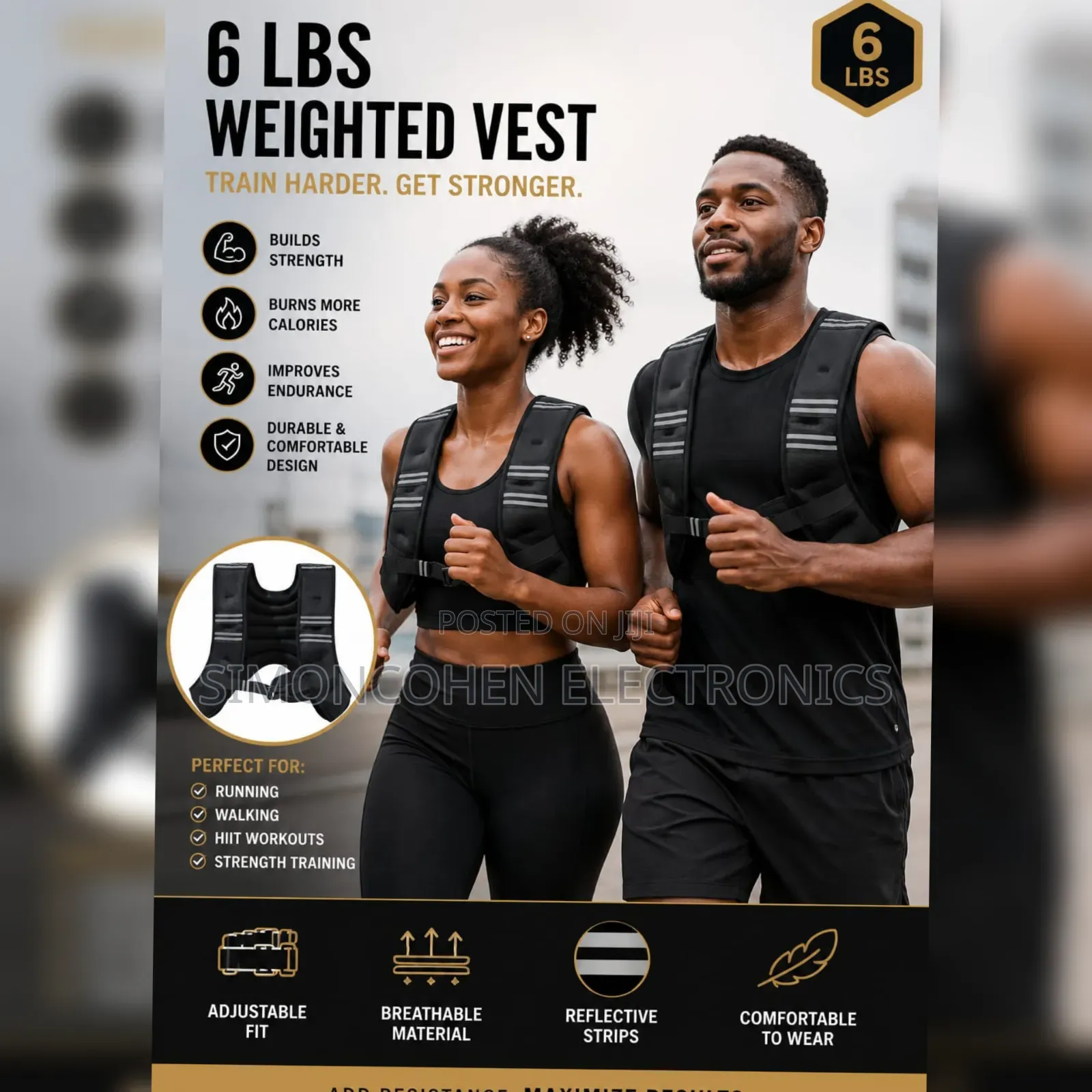 6 LBS Black Weighted Vest With Reflective Stripe