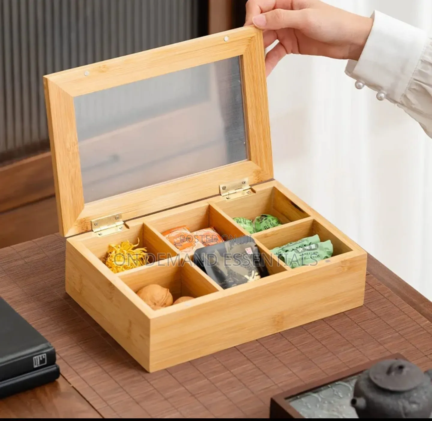 6 - Section Bamboo Teabag Organizer Box With Clear Lid