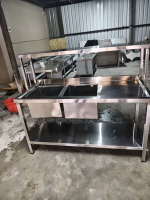 Stainless Steel Double Bowl Sink + Overhead Storage Shelf