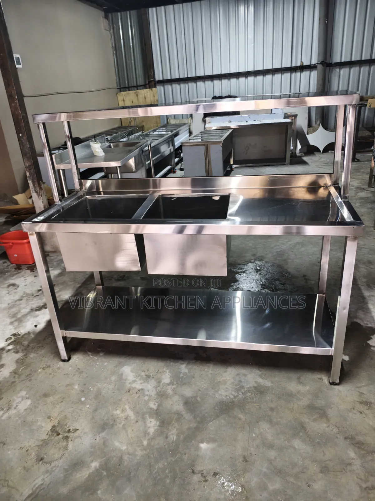 Stainless Steel Double Bowl Sink + Overhead Storage Shelf