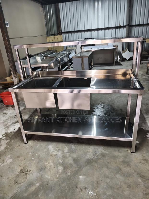 Stainless Steel Double Bowl Sink + Overhead Storage Shelf - thumbnail 2