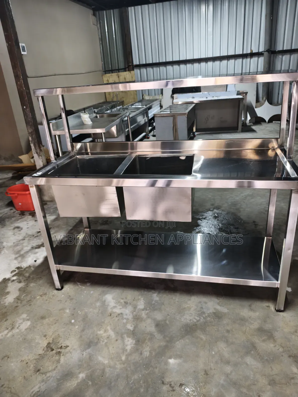 Stainless Steel Double Bowl Sink + Overhead Storage Shelf