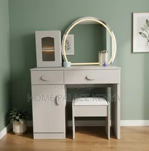 Vanity Table: Gray Dresser With Matching Stool and Semi Circle Mirror