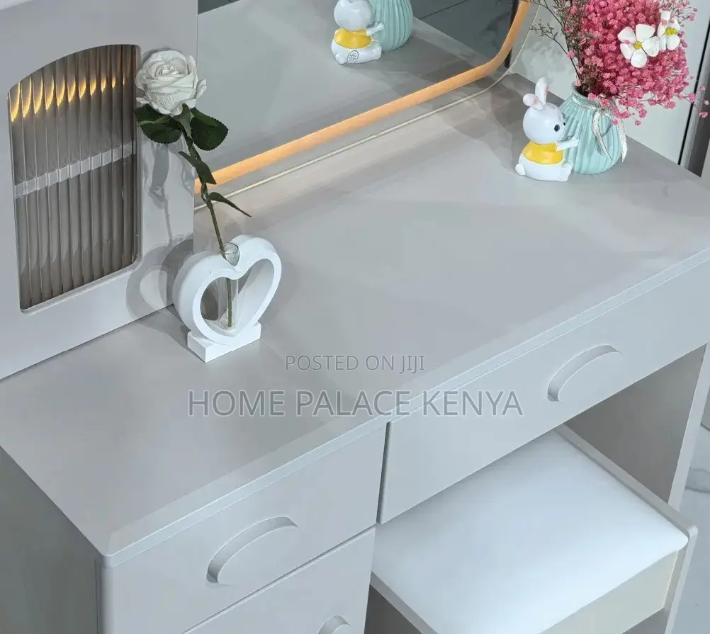 Vanity Table: Gray Dresser With Matching Stool and Semi Circle Mirror