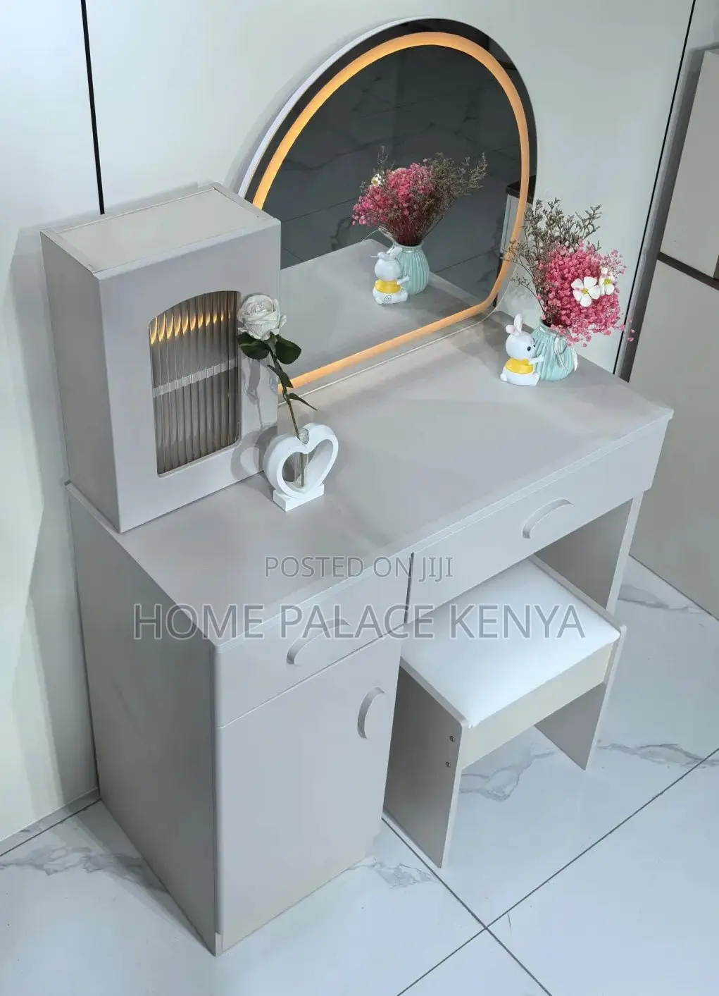 Vanity Table: Gray Dresser With Matching Stool and Semi Circle Mirror