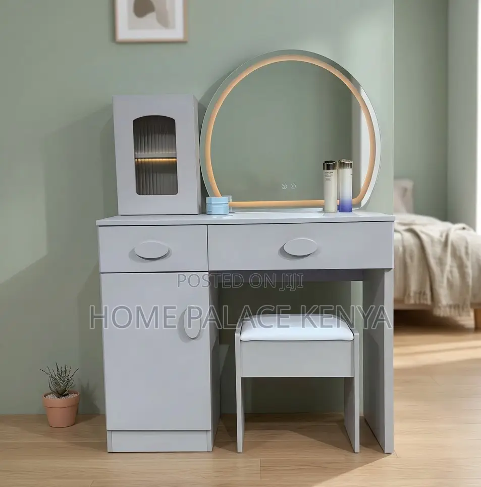 Vanity Table: Gray Dresser With Matching Stool and Semi Circle Mirror