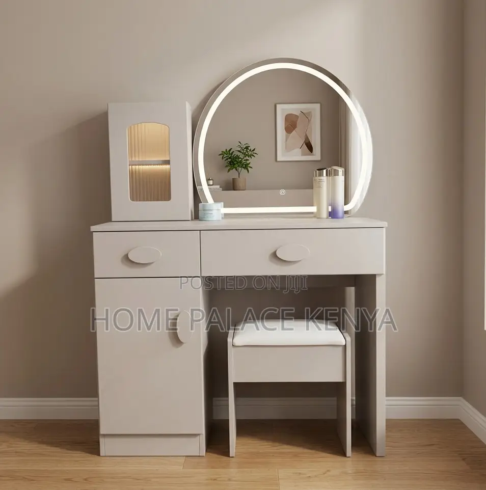 Vanity Table: Gray Dresser With Matching Stool and Semi Circle Mirror